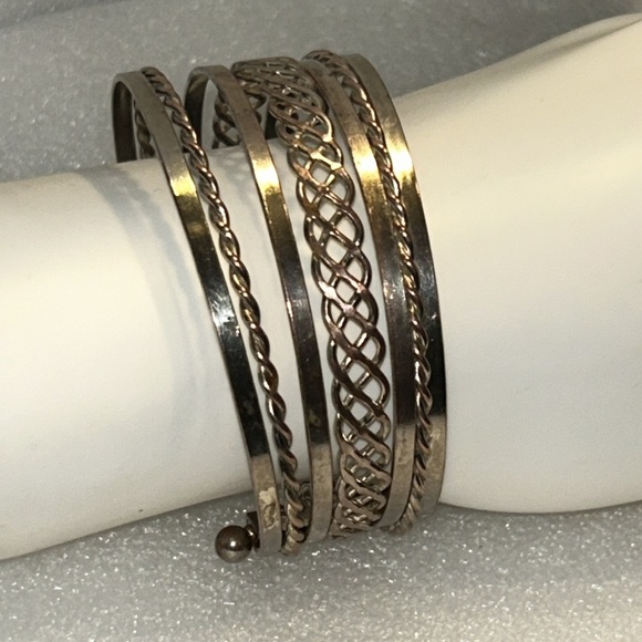 Vintage Cuff Bangle Bracelet silver brass tone stacked & barbell end  2.5" X 1" - Picture 11 of 11